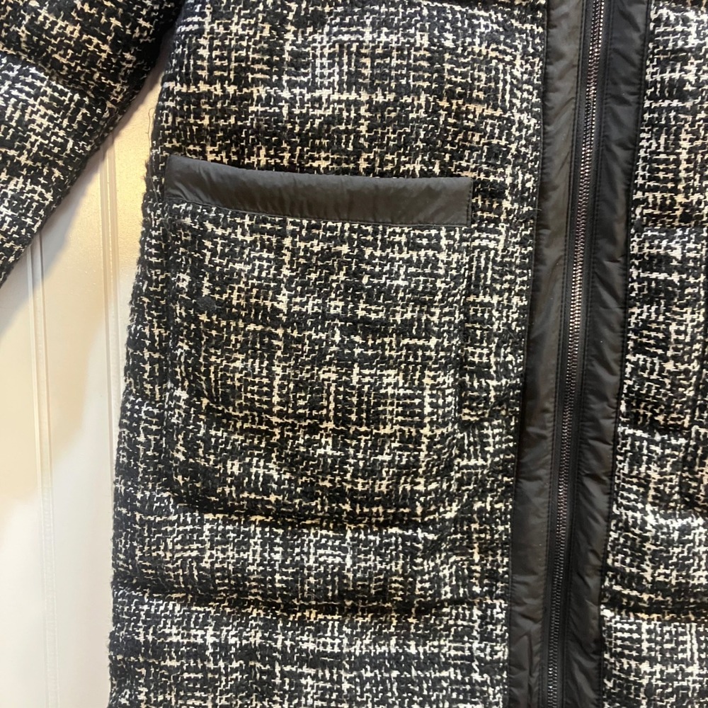 Bernardo Womens Tweed Puffer Coat Black White Mixed Media Mid Length Parka M NEW - Picture 6 of 15